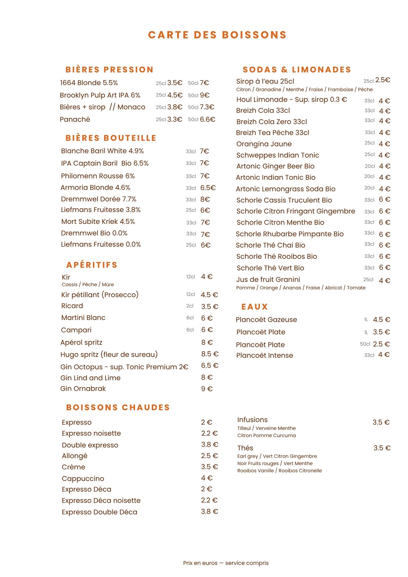 Carte des boissons